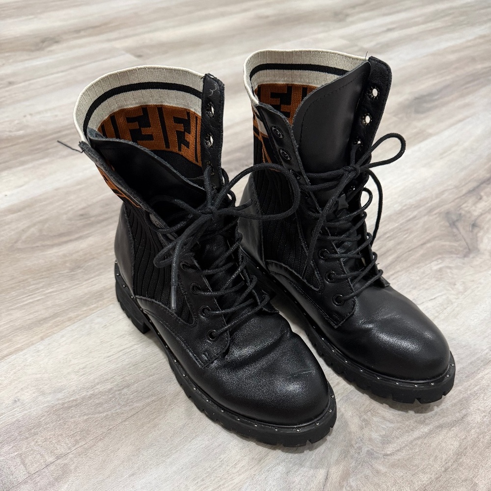 Share Fendi Rockoko Combat Boots Black Leather Sock FF Motif Authentic Sz US 6